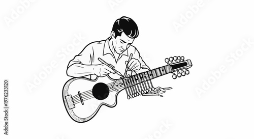 Man meticulously working on tuning pegs of a twelve-string guitar