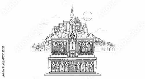 Monastic complex on a rocky island, detailed facade with statues