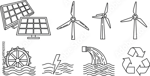 Renewable energy icon set with solar panels wind turbines water flow hydro power and recycling sustainability symbols
