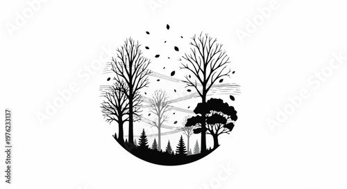 Monochromatic depiction of deciduous trees losing leaves against a backdrop of brushstrokes