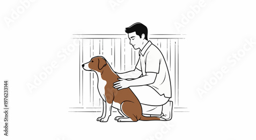 Man petting a dog, a simple line drawing against a white background