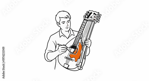 Man paints a unique multi-stringed instrument with orange color