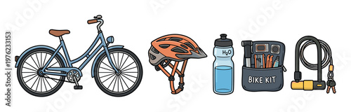 Bicycle and essential cycling accessories are neatly arranged in a colorful cartoon illustration, representing safety, hydration, and maintenance for riders.