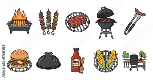 Various barbecue and grilling elements are presented in a comprehensive collection of cartoon-style illustrations, perfect for summer outdoor cooking themes and recipe designs.