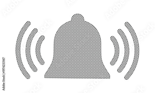 Minimalist notification bell vector icon, ringing alarm symbol with sound waves, gray dotted texture alert button for mobile app interface