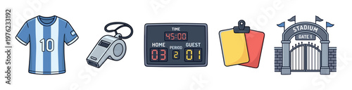 Soccer game equipment and stadium elements collection featuring a jersey, whistle, scoreboard, referee cards, and an entrance gate, representing the sport.