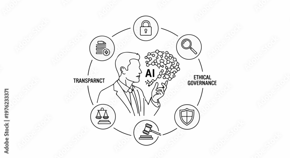Obraz premium Man with AI brain surrounded by icons representing governance and transparency