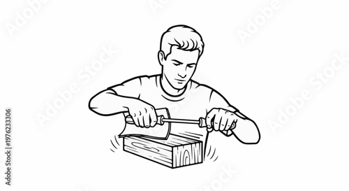 Man using a chisel to carve a wooden block