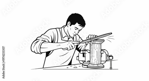 Man using a file to shape a wooden object secured in a vice