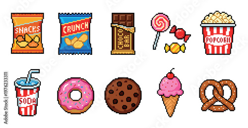 Pixel art snacks and treats collection featuring various sweet and savory items like chips, candy, ice cream, and soda in a retro 8-bit style.