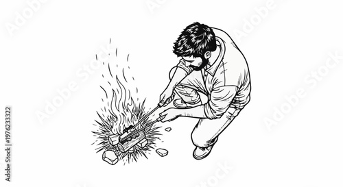 Man tending to a campfire, tending to logs with sticks