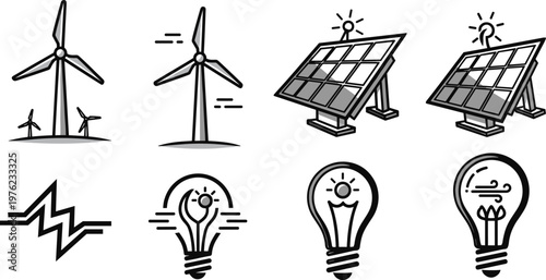 Renewable Energy Icon Set with Wind Turbine Solar Panel Light Bulb and Power Symbols Thin Line Vector Collection