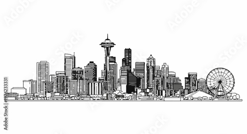 Monochrome line drawing of a city skyline with tall buildings and a Ferris wheel