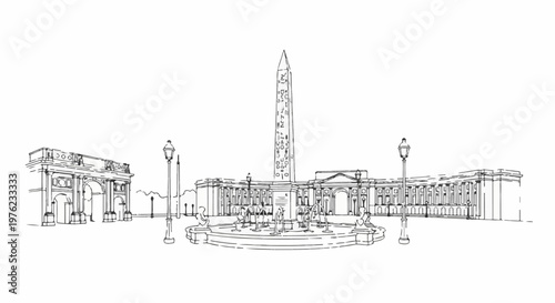 Monochrome sketch of grand historical buildings, fountain, arch, and obelisk