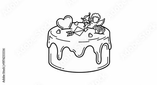 Festive cake adorned with a heart, cupid, arrow, and rose