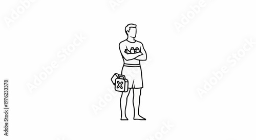 Man with folded arms, holding a first aid kit, wears shorts