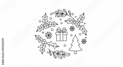 Festive circular outline of Christmas elements with a gift, tree, holly, and snowflakes