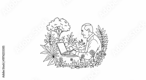 Man working on laptop surrounded by plants and flowers