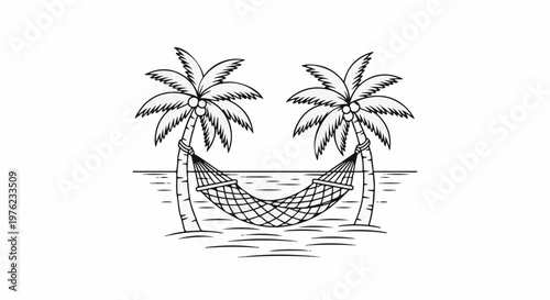 Hammock strung between two palm trees on a tropical beach scene