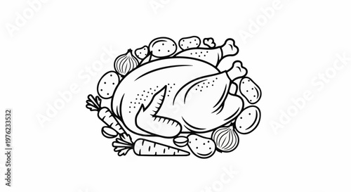 Festive roasted poultry with root vegetables and onions, line art illustration