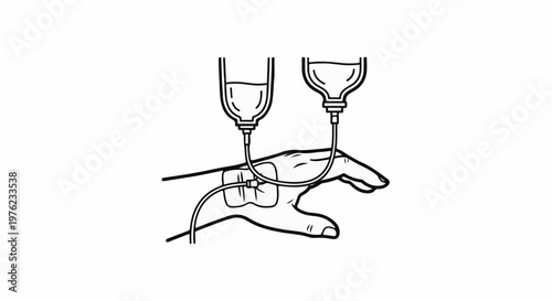 Medical illustration of intravenous fluid bags connected to a human hand