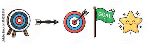 Target, arrow, goal, and star icons illustrating the journey from setting an objective to achieving success and celebrating the accomplishment.