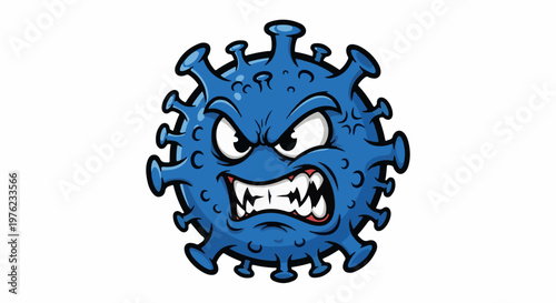 Fierce blue cartoon virus with menacing grin and sharp teeth