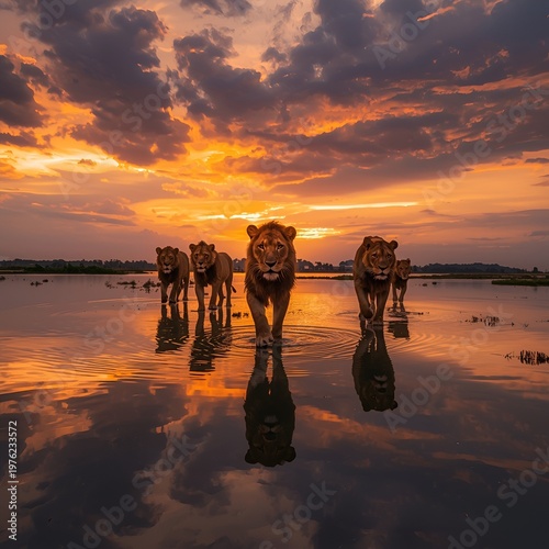 lion on the beach with sunset