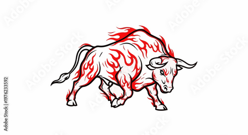 Fierce bull charging, body adorned with vibrant red flames