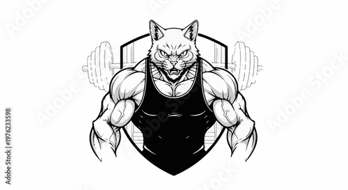 Fierce anthropomorphic cat flexing muscles wearing a tank top with weights