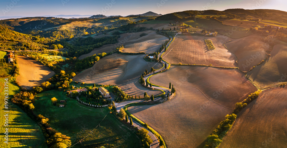 Fototapeta premium Winding cypress road in Val d'Orcia Tuscany, Monticchiello, Italy.