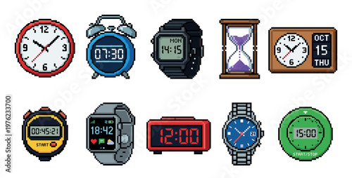 Diverse collection of pixelated timekeeping devices, including various clocks, watches, timers, and an hourglass, are displayed in a charming retro 8-bit style.