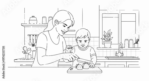 Mother and child prepare fruit in a sunlit kitchen