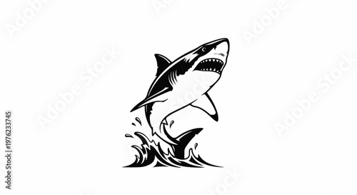 Fierce shark leaps from stylized waves, showing sharp teeth and fins