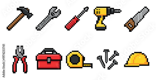 Construction tools pixel art collection featuring various building and repair equipment like hammers, wrenches, and drills, perfect for retro game design.