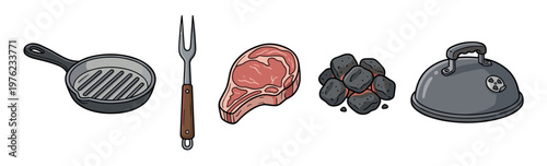 Grilling barbecue cooking equipment food steak charcoal and various tools are perfectly illustrated as essential elements for preparing a delicious outdoor summer meal.