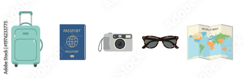 Travel essentials including a suitcase, passport, camera, sunglasses, and world map are neatly arranged for an upcoming adventure.