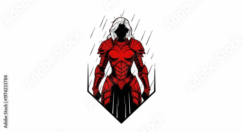 Fierce warrior in red armor, standing strong amidst falling rain