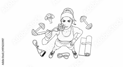 Fitness woman with healthy food, weights, mat, resistance band, and timer