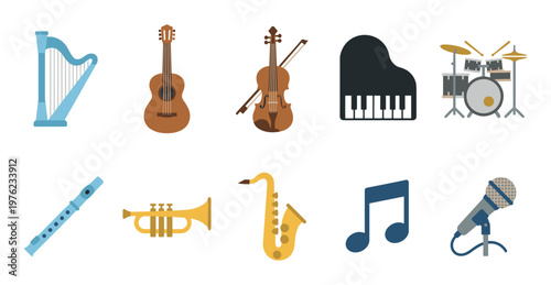 Collection of musical instruments and music symbols are presented in a colorful flat design illustration, perfect for themes of sound, performance, and education.