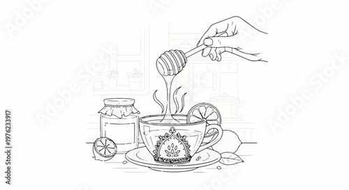 Hand adding honey to steaming citrus tea with jar and fruits