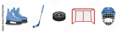 Hockey equipment items including blue ice skates, a stick, puck, goal, and helmet are neatly arranged in a flat lay style, representing the essential gear for the sport.