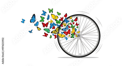 A colorful illustration of a bicycle wheel with butterflies flying out of it