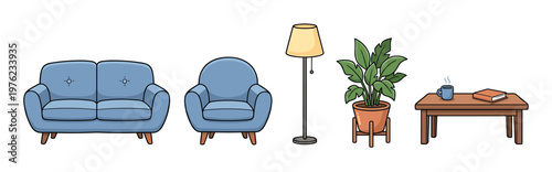 Living room furniture and decor items arranged in a charming cartoon style, featuring a comfortable sofa, armchair, floor lamp, potted plant, and coffee table with a book and mug.