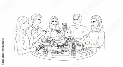 Five friends happily sharing pizza and drinks around a table
