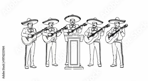 Five musicians in sombreros play guitars, one center man stands at a podium