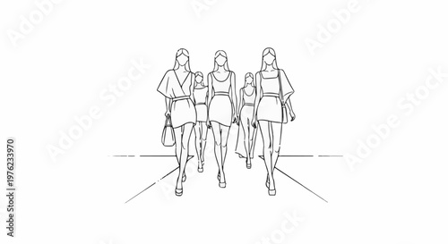 Five slender figures in fashionable attire walk a runway