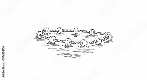 Floating line of buoys tethered together on wavy water surface