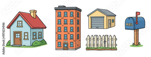 Residential buildings and property elements cartoon illustration set featuring a house, apartment, garage, fence, and mailbox, depicting various aspects of home and community life.