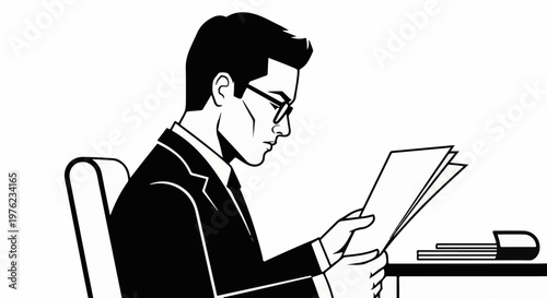 Focused man in glasses and suit reads documents at a desk